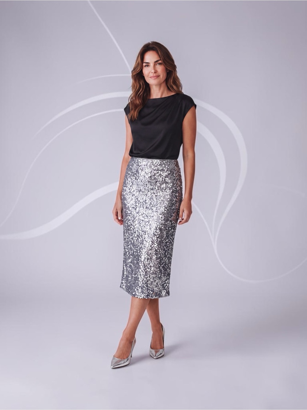 Madden NYC Silver Sequin Midi Pencil Skirt Size M Party Holiday